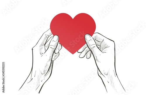 Two hands holding heart. Health care, help, charity, donate love and family concept. Vector sketch line illustration