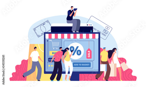Online shopping. Phone shop, person buying on laptop. E-commerce, bags purchasing or parcel delivery. Modern people shoppers vector concept. Online e-commerce, marketing purchase, order electronic