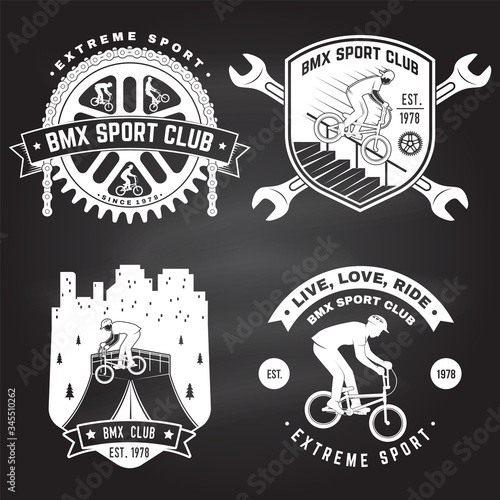 Set of bmx extreme sport club badge on chalkboard. Vector. Concept for shirt, logo with man ride on a sport bicycle. Vintage design with bmx cyclist, bmx sprocket and chain silhouette.