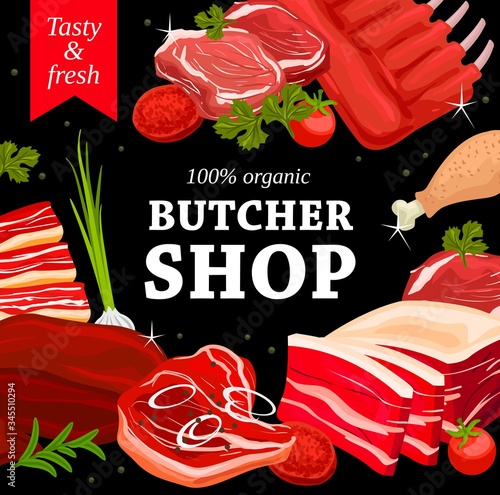 Pork and beef meat, chicken leg, veal and lamb butchery shop vector. Butchery store pork bacon, meat chops and beef steak, roastbeef and brisket fillet, chicken leg and mutton ribs with cooking spices