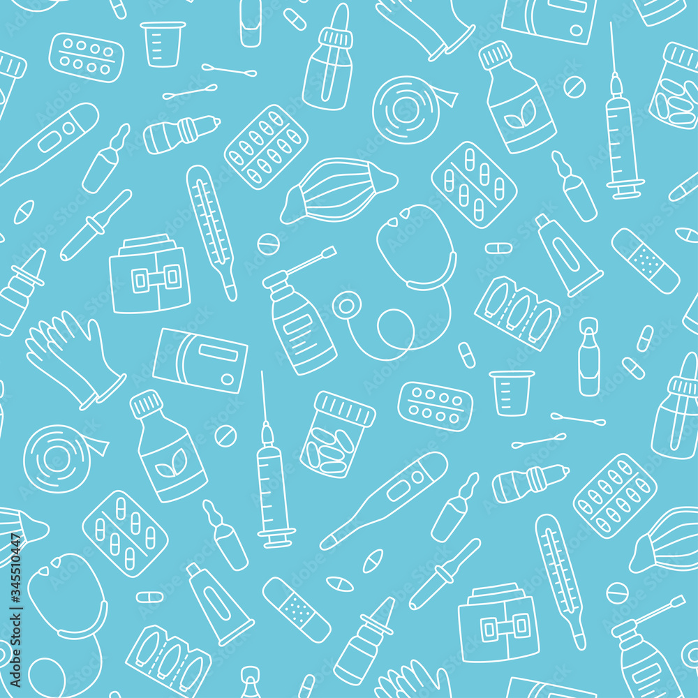 Seamless doodle pattern with medications, drugs, pills, bottles and health care medical elements. Hand drawn vector illustration on blue background