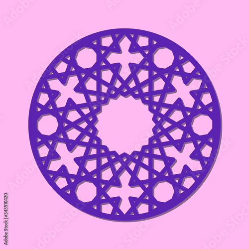 Cutout silhouette panel with ornamental geometric arabic pattern in form of circle. Template for printing, laser cutting stencil, engraving. Vector illustration.