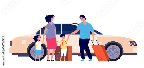 Happy travel. Family luggage, summer happy trip. Car to airport man mother daughter. Travellers with bags, auto journey vector illustration. People with luggage travel, summer tourist