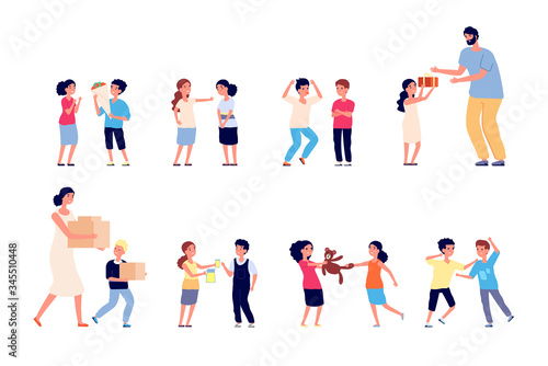 Bad behavior. Bad boy girl. Bully child has conflict. Little friends quarrel, bullying and arguing, destroyed toy and crying kids vector set. Bullying children and kind people gift illustration