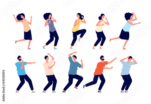 Frightened people. Young emotional person  panic or crisis. Man woman afraid  girl scared. Expression reaction  isolated humans vector set. Character crisis panic  frightened and scared illustration
