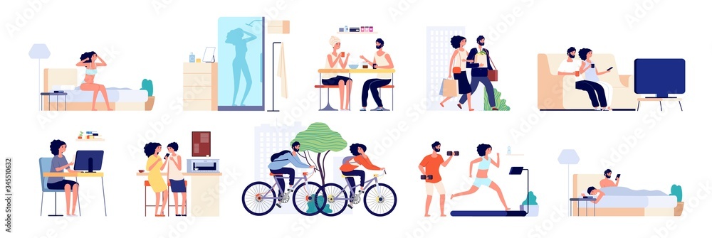 Couple routine. People clean home, everyday caring life. Young girl man together. Happy family lifestyle, housework and cooking vector set. Couple routine, woman and man together everyday illustration Couple routine. People clean home, everyday caring life. Young girl man together. Happy family lifestyle, housework and cooking vector set. Couple routine, woman and man together everyday illustration