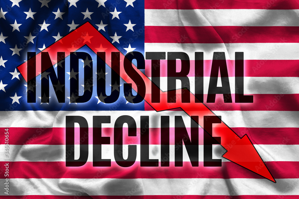 Industrial decline in the United States. Falling business graph and text on USA flag background. Industrial decline in the United States. Falling business graph and text on USA flag background.