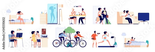 Couple routine. People clean home, everyday caring life. Young girl man together. Happy family lifestyle, housework and cooking vector set. Couple routine, woman and man together everyday illustration
