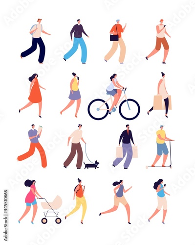 People walking. Dog walk  guy running  ice cream eating. Isolated outdoors activity single man woman. Summertime  stylish adults vector set. Sport training and walking  collection people illustration