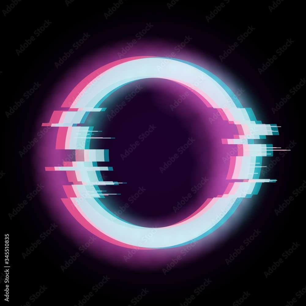 Glitch effect. Circle distorted shape, digital technology element