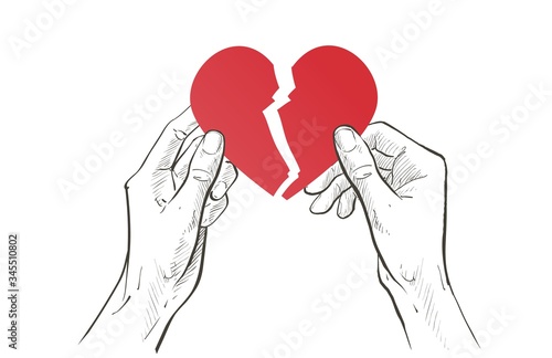 Two hands holding heart. Health care, help, charity, donate love and family concept. Vector sketch line illustration