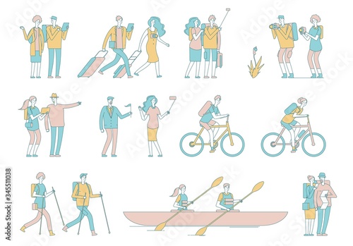 Travel people. Tourist, woman man luggage and bags. Hiking, cycling and kayaking. Summer outdoor activity. Vacations and trip vector set. Travel man with luggage, journey adventure illustration