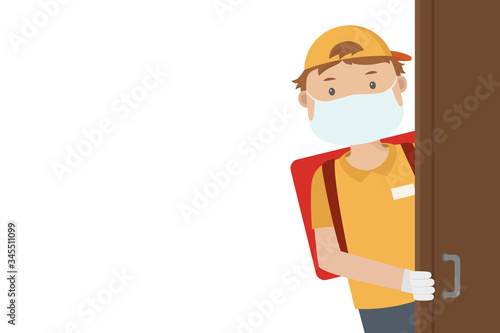 Courier in mask. Safe delivery during quarantine. Vector illustration.