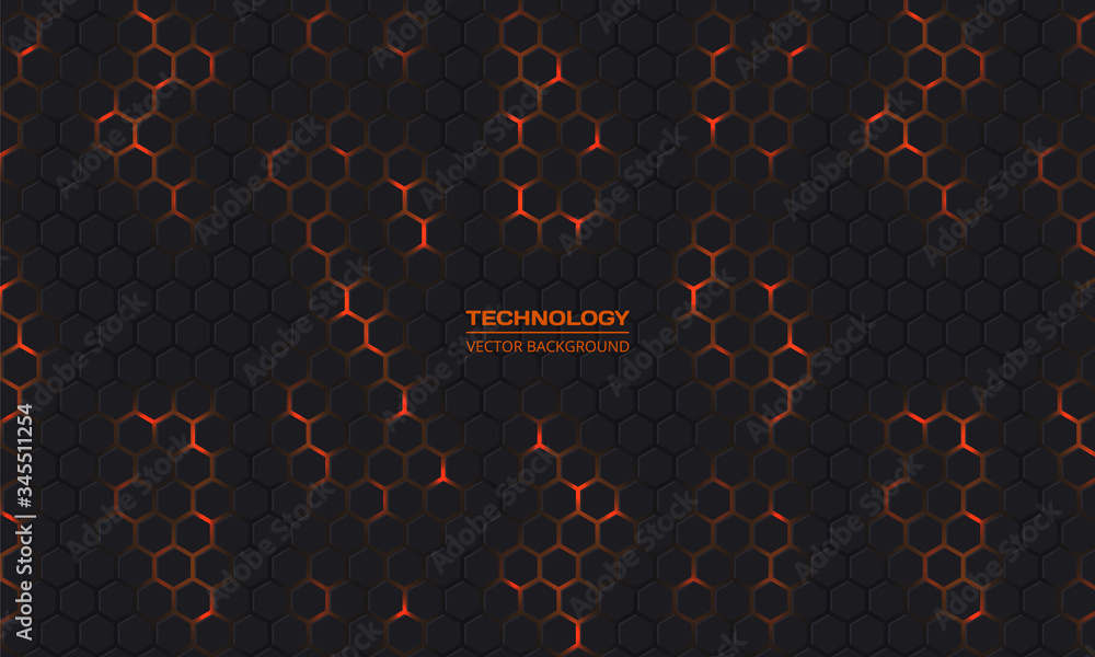 Dark hexagonal technology abstract vector background. Orange bright ...