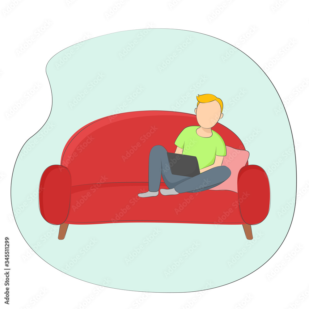 Man sitting on couch with laptop. Vector illustration.