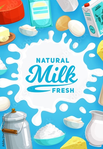Dairy products and milk, farm food cheese, yogurt and butter, vector milk splash background. Agriculture farming, natural organic milk in glass jug, yogurt, butter and cottage cheese