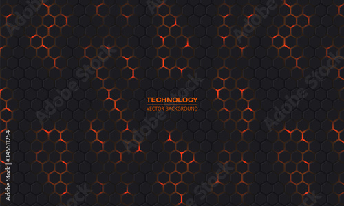 Dark hexagonal technology abstract vector background. Orange bright energy glares under hexagon in modern dark technology futuristic background vector illustration. Dark yellow honeycomb texture grid.