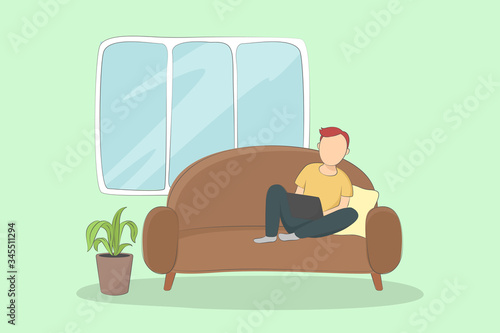 Man working on laptop and sitting on sofa. Vector illustration.