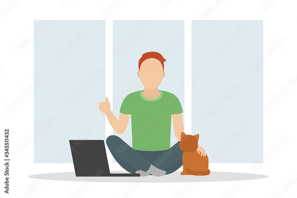 Man sitting and stroking his cat. Vector illustration.