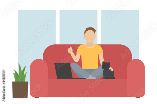 Man sitting on couch and stroking cat. Vector illustration.