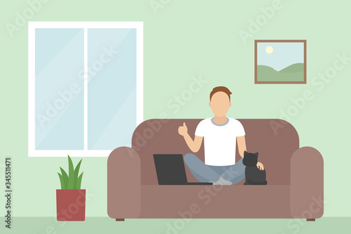 Man sitting on divan and stroking cat. Vector illustration.