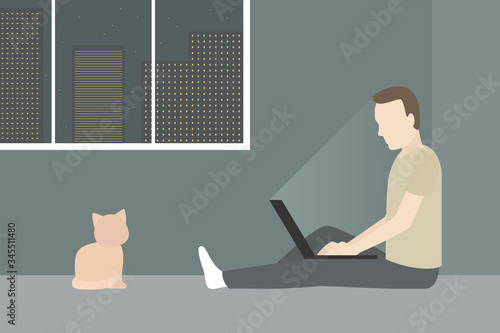 Man sitting on floor and working on laptop at night. Vector illustration.
