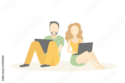 Man and woman sitting with laptops on floor. Vector illustration.
