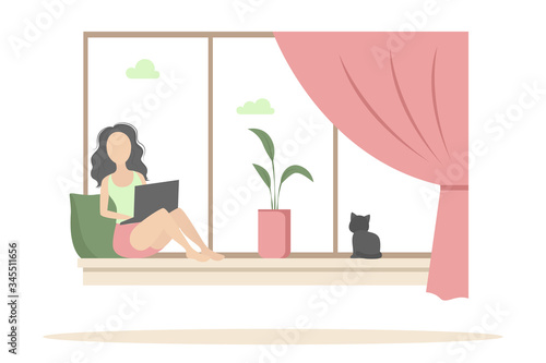 Woman sitting on windowsill and working on laptop. Vector illustration.