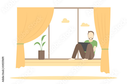 Man sitting on windowsill and working on laptop. Vector illustration.