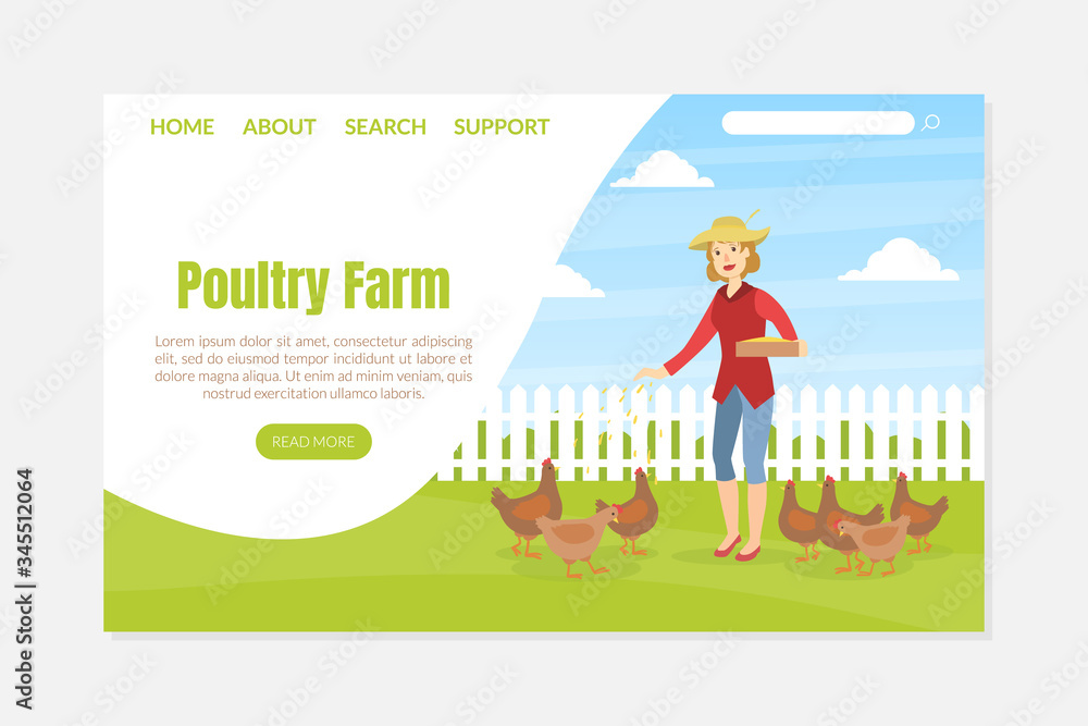 Obraz premium Woman Feeding Chickens, Female Farmer Taking Care of Poultry on Farm Vector illustration