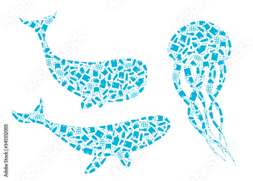 Stop ocean plastic pollution concept vector illustration. Marine animals outline set filled with plastic trash flat icons isolated on white background. Prevent ocean pollution ecology concept