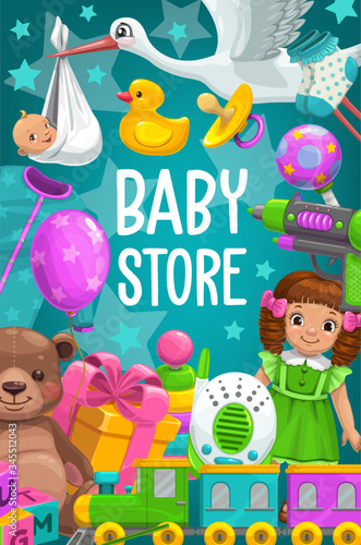 Kid toys and baby games shop. Vector poster with bear and dolls. Boy and girl toys newborn nurse radio, water gun and alphabet cubes, child bath duck, pacifier and train, bootie and nipple