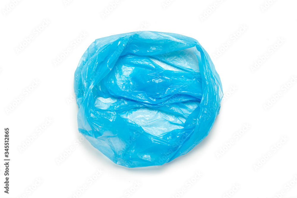 Open blue trash bag on an isolated white background. The concept of cleaning, garbage removal. Flat lay, top view