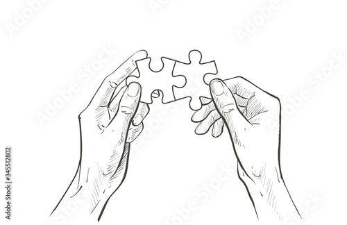 hands connect Jigsaw puzzle piece. The concept of establishing contacts, teamwork, partnerships, understanding, cooperation, solutions. Vector sketch line illustration