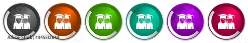Education icon set, educate, graduate, female and male students silver metallic chrome border vector web buttons in 6 colors options for webdesign