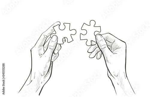 hands connect Jigsaw puzzle piece. The concept of establishing contacts, teamwork, partnerships, understanding, cooperation, solutions. Vector sketch line illustration