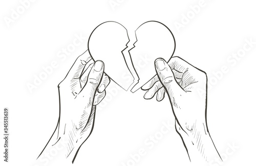 Two hands holding heart. Health care, help, charity, donate love and family concept. Vector sketch line illustration