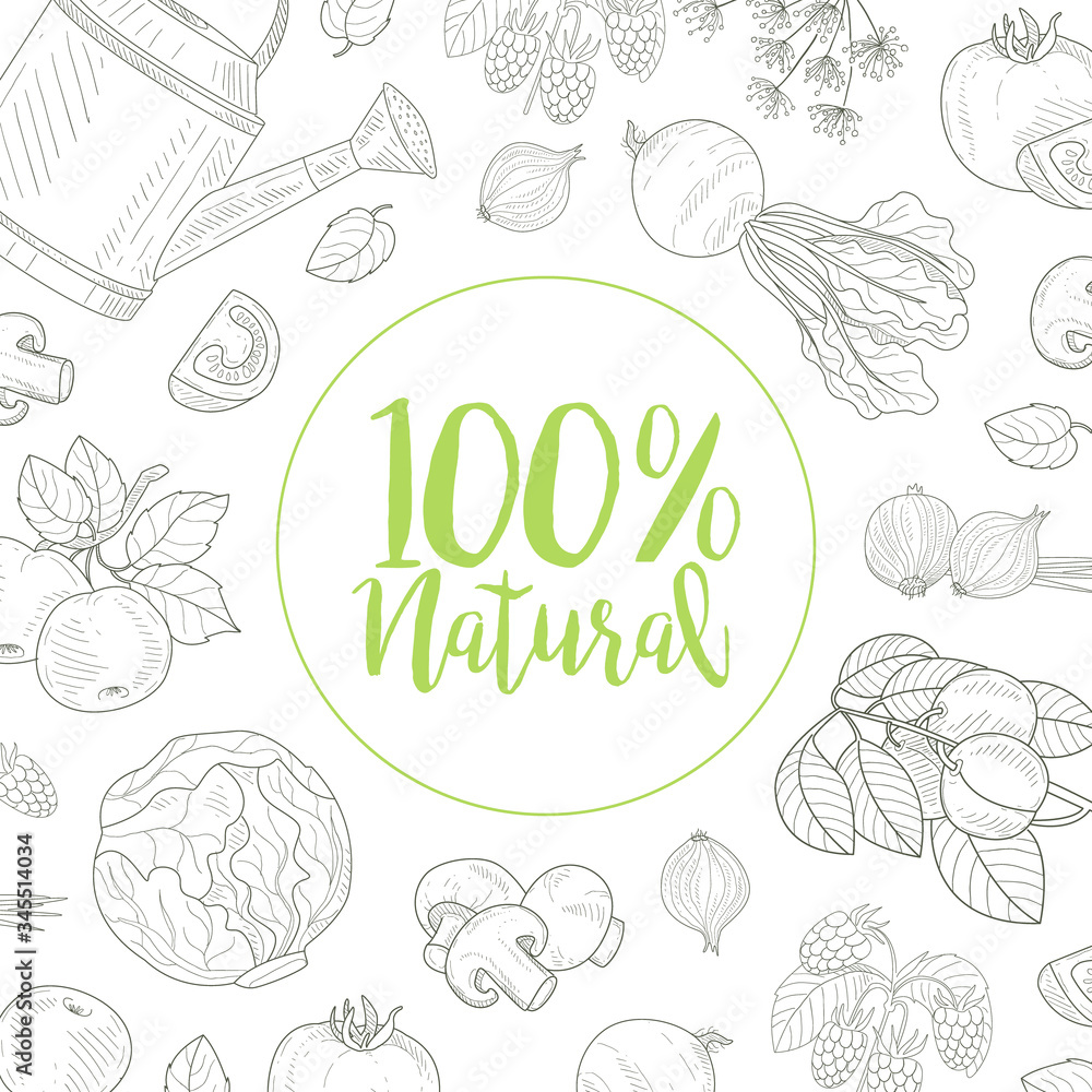 Obraz premium Natural Farm Food Banner Template with Hand Drawn Vegetables Seamless Pattern Vector Illustration