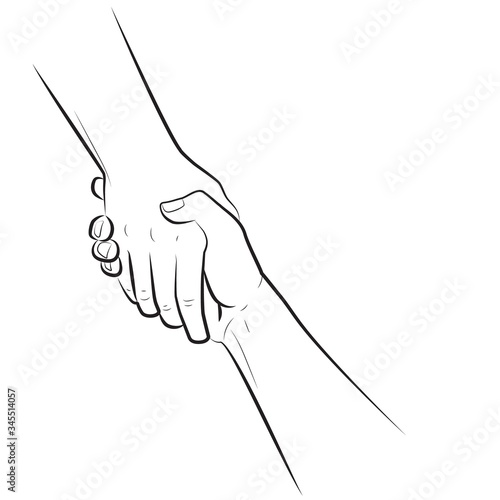 Continuous line drawing Helping hand. Gesture, sign of help and hope. Two hands taking each other. Isolated illustration on white background.
