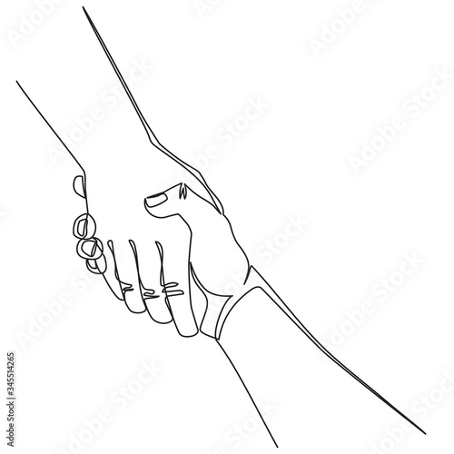 Continuous line Helping hand concept. Gesture, sign of help and hope. Two hands taking each other. Isolated illustration on white background.