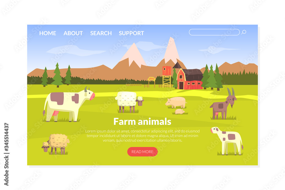 Farm Animals Landing Page Templte, Milk and Dairy Agriculture Products Website, Homepage, Mobile App Vector Illustration