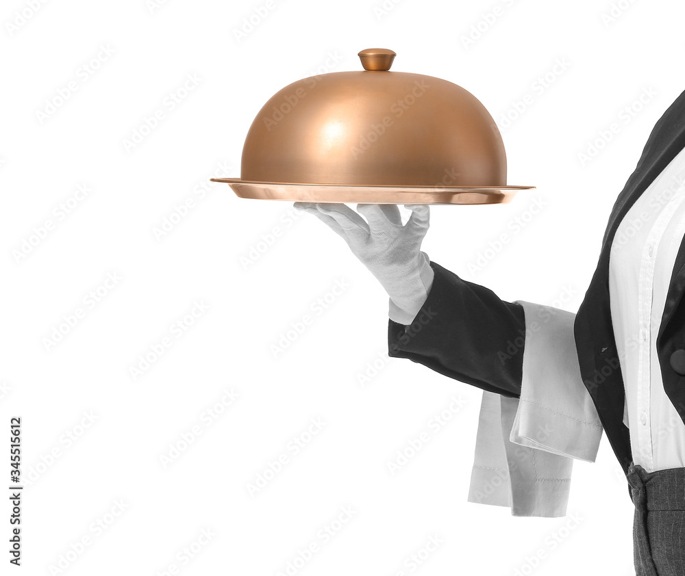Fototapeta premium Beautiful female waiter with tray and cloche on white background