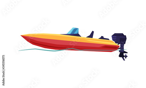 Power Boat, Speedboat with Outboard Motor, Modern Nautical Motorized Transport Vector Illustration