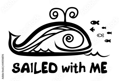 stylized whale and fish print on t-shirt in black isolated on white background