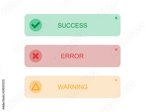 Error, success and warning notification messages. Set of computer alert window popup. System alert banner. Illustration of error or warning label. Isolated flat information buttons. Vector EPS 10.