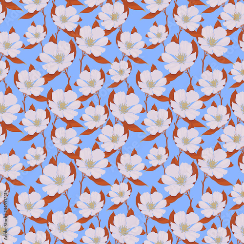 Seamless vector pattern of Chemernik on a blue background. Pattern of winter flowers. Use for printing, textiles, design, design, leaflets, greetings, websites, wallpapers and wrapping paper. photo