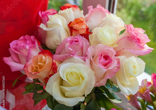 Bouquet of red  white and pink Roses close up