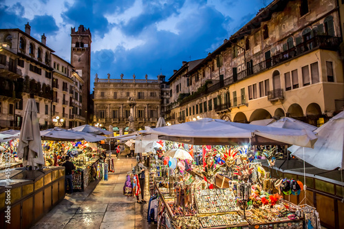 View of the Piazza delle Erbe in the evening. Verona, Veneto, Italy
