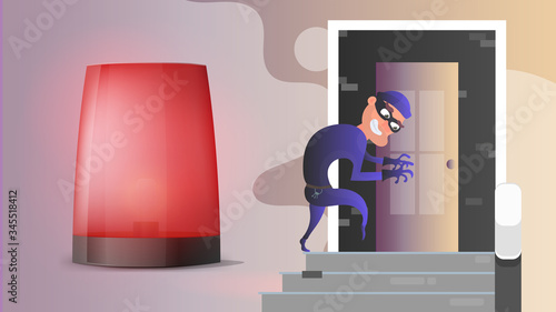 The thief is trying to get into the house through the door. Security at home. Alert. Safety and security concept. Vector.