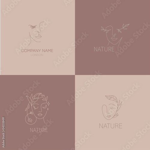 Set of logos for business in the industry of beauty  health  personal hygiene. Beautiful image of a female face. Logo of a beauty salon  health industry  makeup artist  cosmetologist.